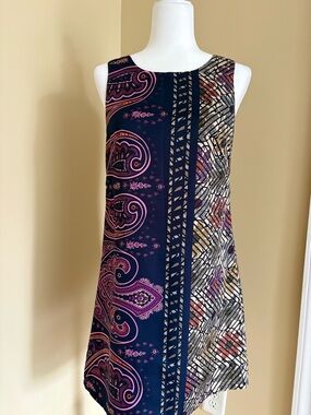 Jade Navy Shift Dress with Pink Paisley & Multicolor Geometric Panels